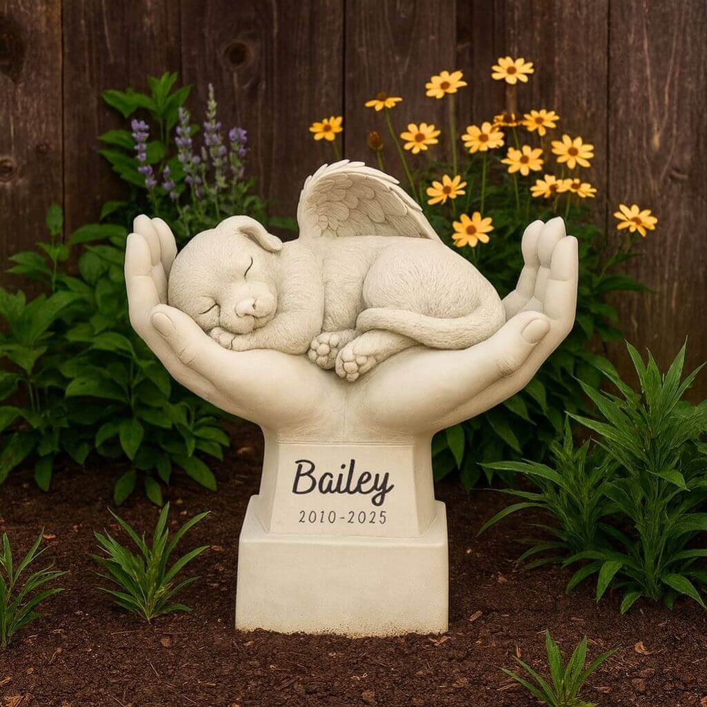 Personalised Dog Memorial Angel Statue in Hands – Weatherproof Resin Grave Marker for Garden Display with Elegant Cursive Name & Dates
