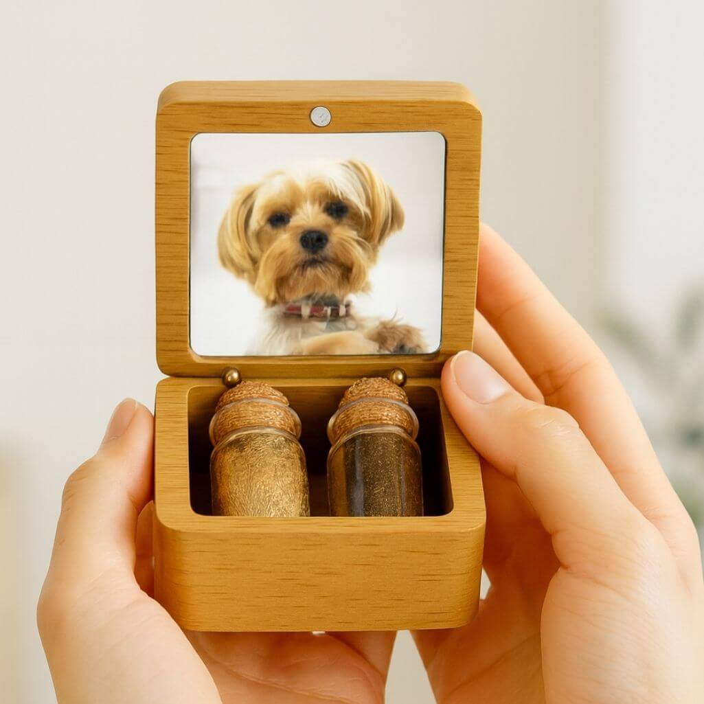 Personalised Wooden Pet Memorial Keepsake Box with 2 Glass Vials for Ashes & Fur Storage - With Photo, Name & Dates