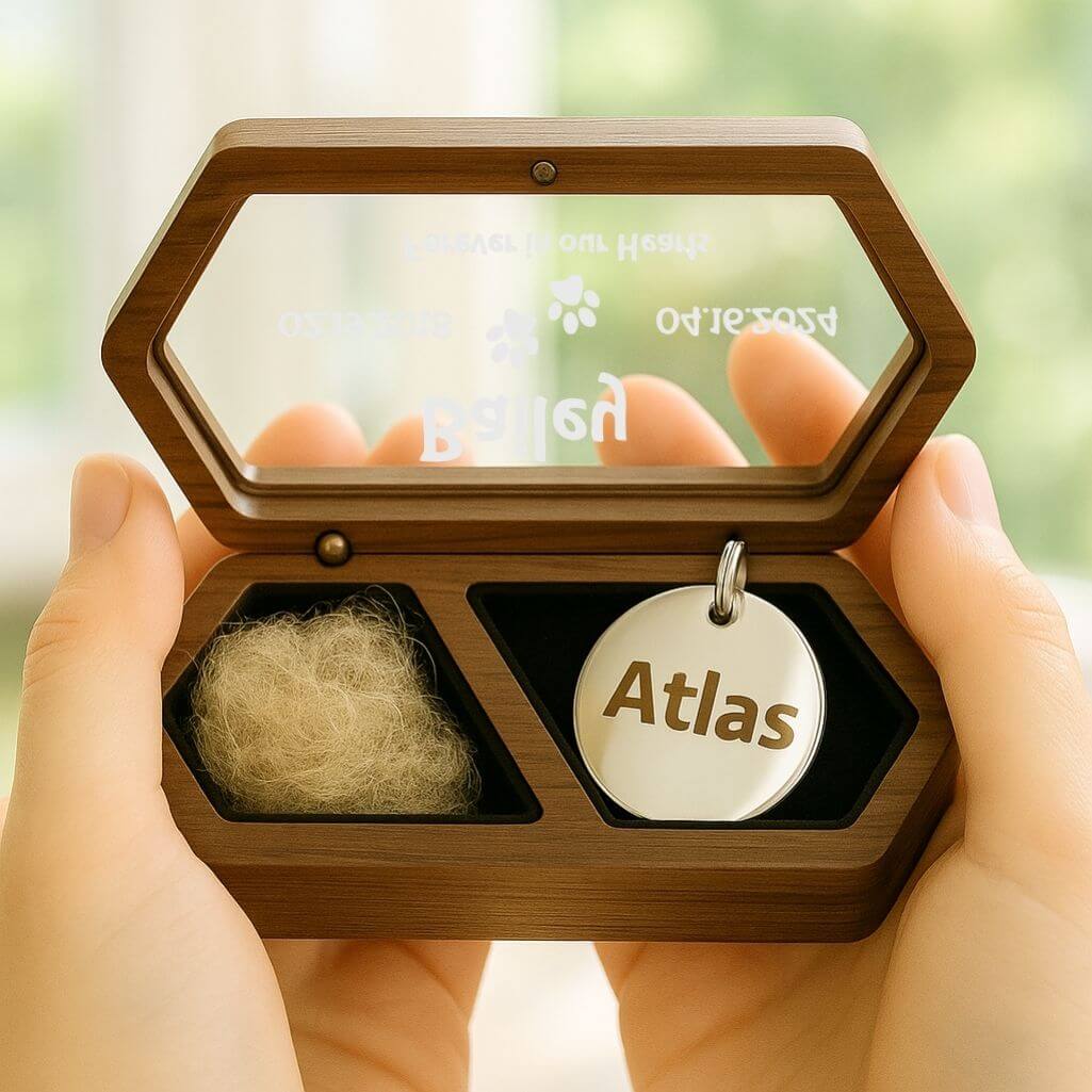 Personalised Wooden Pet Keepsake Box with Mini Paw Prints Design – Fur Memorial with Acrylic Lid Engraved with Name, Dates & Tribute