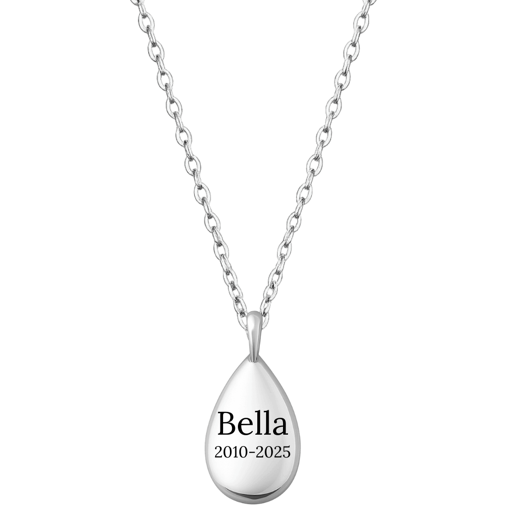 Personalised Pet Memorial Teardrop Urn Necklace – Dog Keepsake with Name & Dates