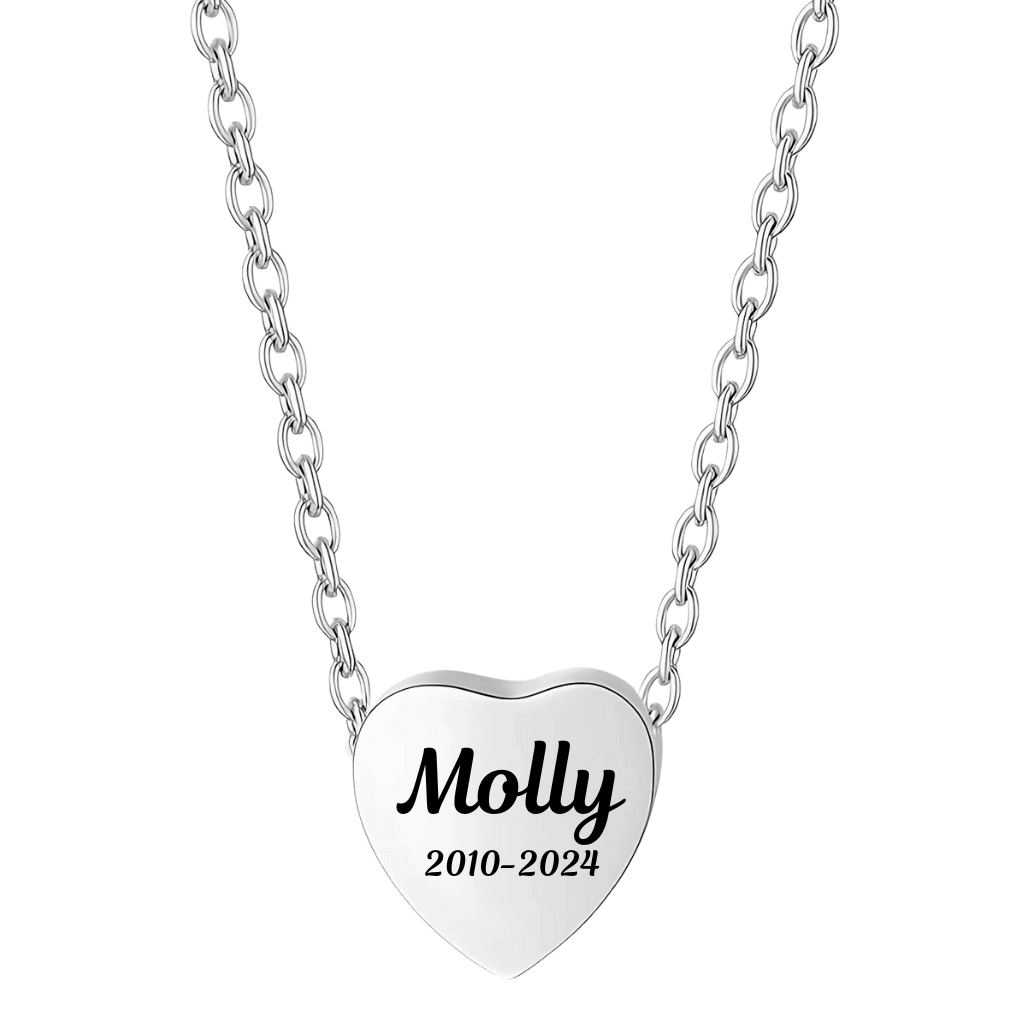 Personalised Pet Memorial Slide-through Chain Heart Urn Necklace – Dog Keepsake with Name & Dates