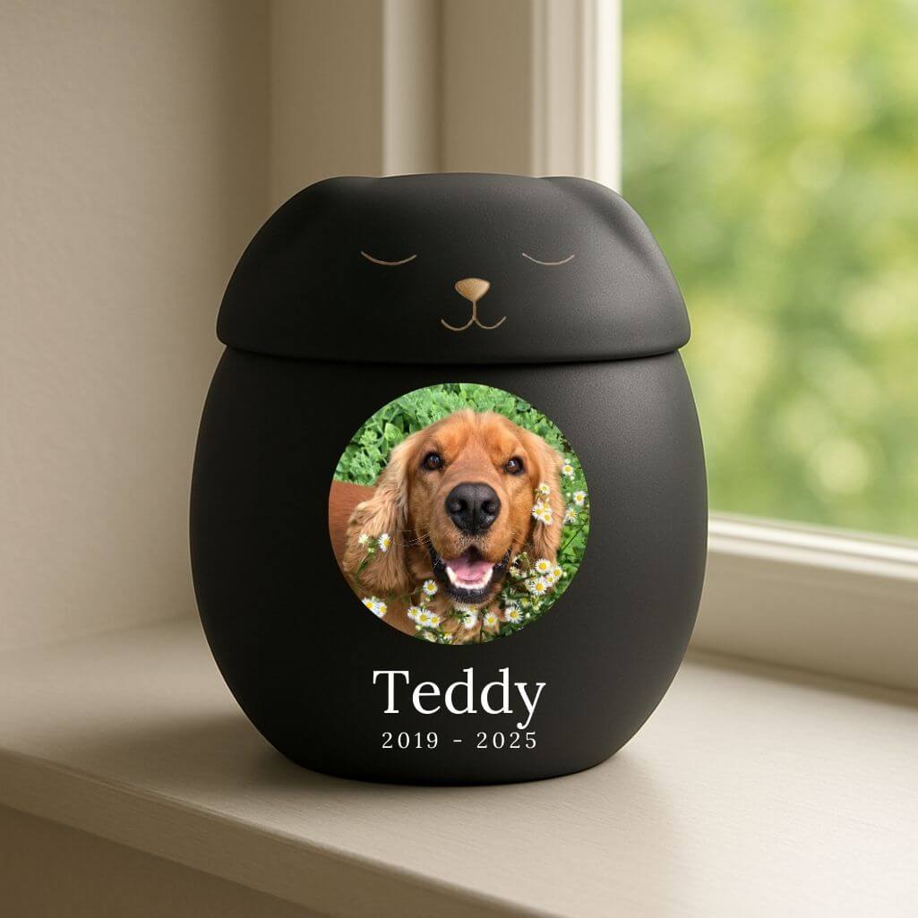 Personalised Ceramic Pet Urn with Sleeping Dog Lid – Cremation Urn for Ashes with Dog's Photo & Details in a Halo Frame