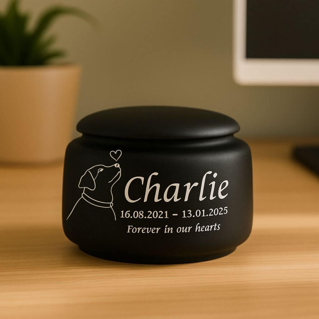 Personalised Ceramic Pet Urn – Dog Cremation Urn for Ashes with Name, Dates, Minimalist Dog Illustration & Tribute