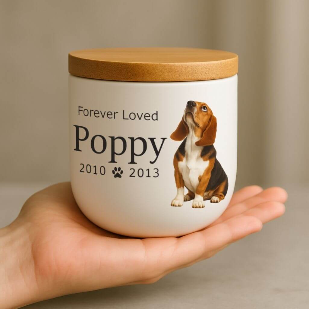 Personalised Ceramic Pet Urn with Photo – Dog Cremation Urn for Ashes with Name, Dates & Tribute