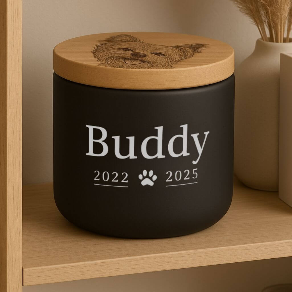 Personalised Ceramic Pet Urn with Engraved Photo Drawing on the lid – Dog Cremation Urn for Ashes with Name & Dates