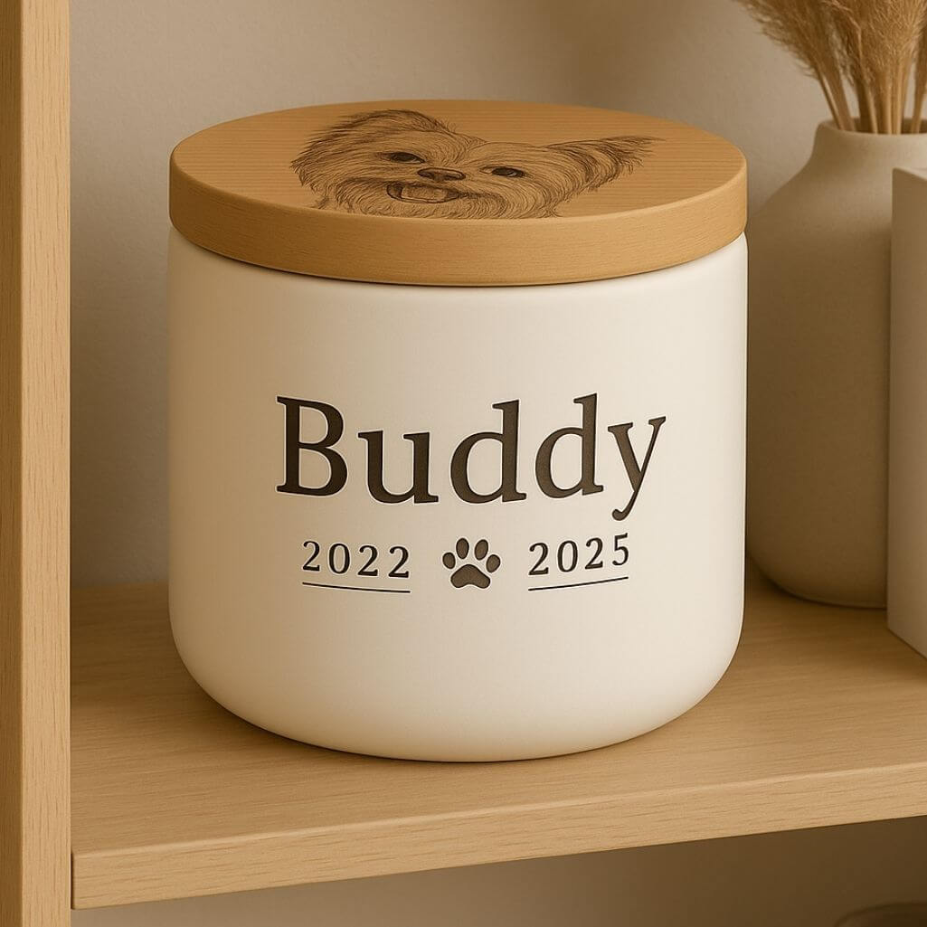 Personalised Ceramic Pet Urn with Engraved Photo Drawing on the lid – Dog Cremation Urn for Ashes with Name & Dates