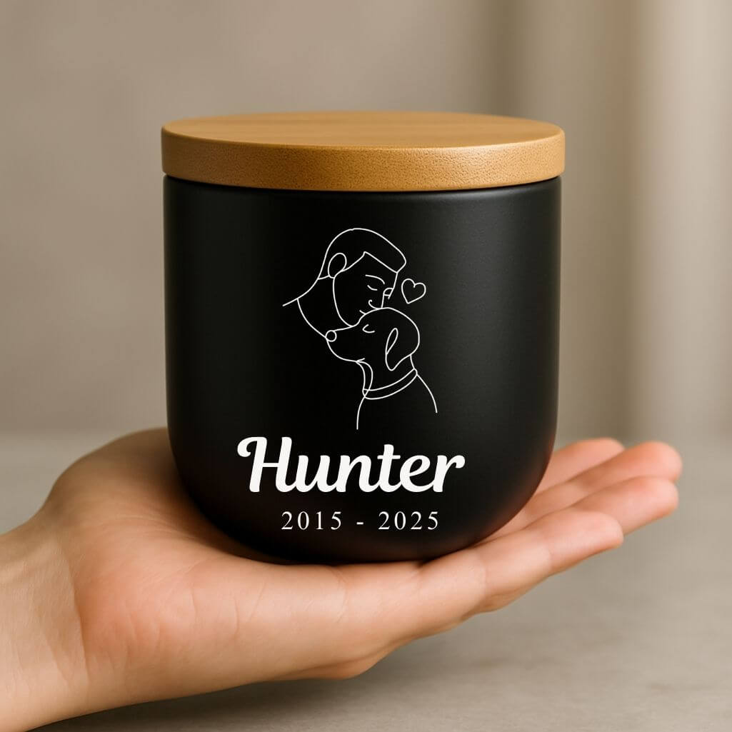 Personalised Ceramic Pet Urn with Man & Dog Illustration – Dog Cremation Urn for Ashes with Name & Dates