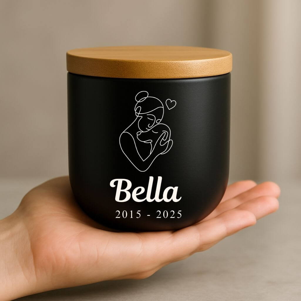 Personalised Ceramic Pet Urn with Woman & Dog Illustration –  Dog Cremation Urn for Ashes with Name & Dates