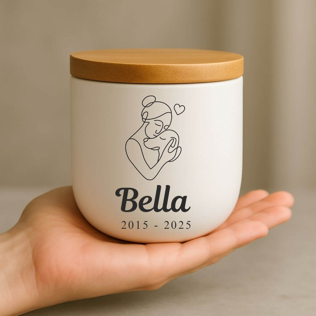 Personalised Ceramic Pet Urn with Woman & Dog Illustration –  Dog Cremation Urn for Ashes with Name & Dates
