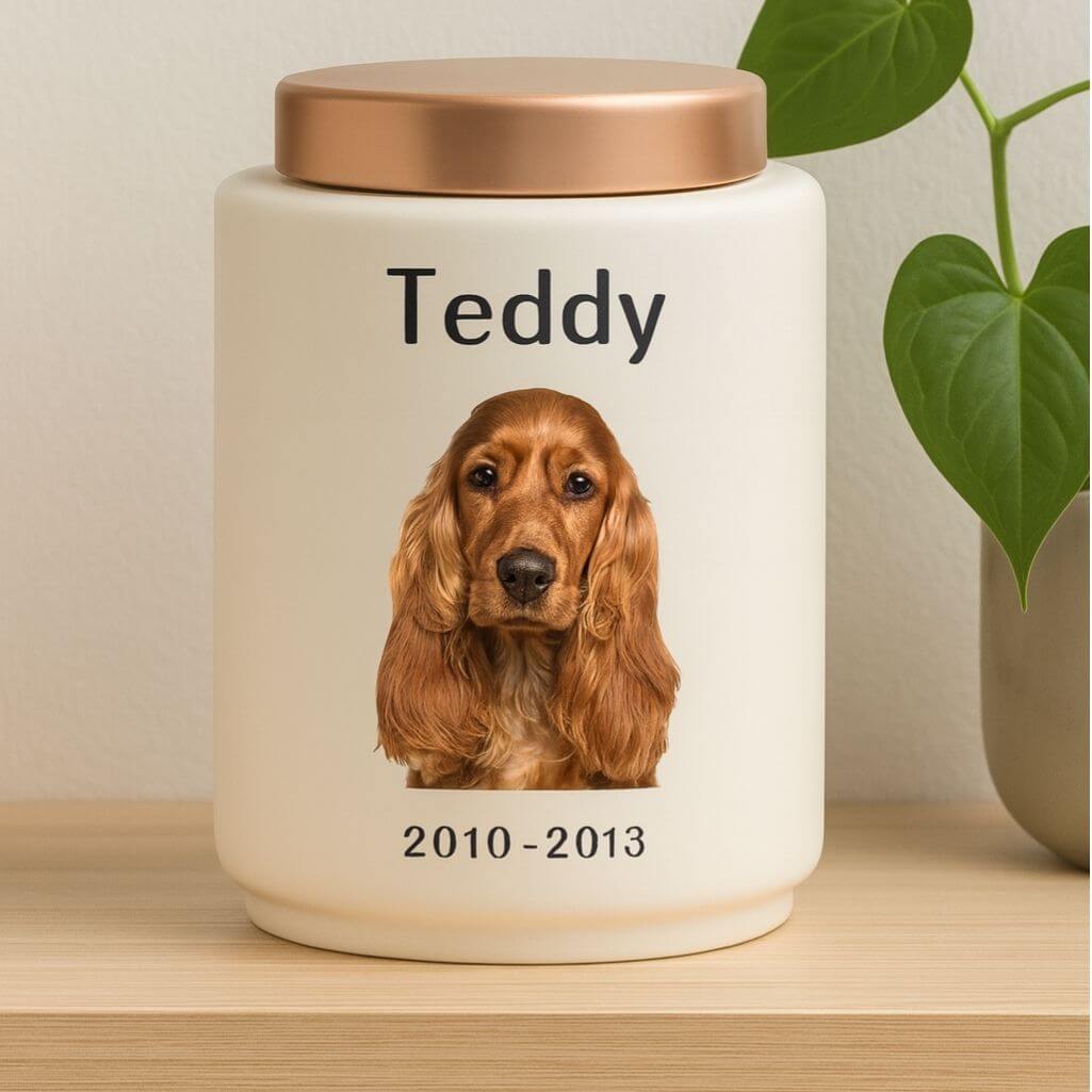 Personalised Ceramic Pet Urn with Photo –  Dog Cremation Urn for Ashes with Name, Dates & Stainless Steel Lid
