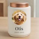 Personalised Ceramic Pet Urn with Photo in a Halo Frame –  Dog Cremation Urn for Ashes with Name, Dates & Stainless Steel Lid