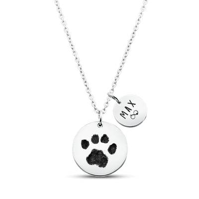 Personalised Pet Memorial 2-Charm Round Necklace – Engraved with Dog's Paw Print, Name & Dates