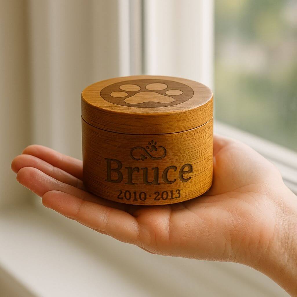 Personalised Wooden Pet Urn with Infinity Paw Heart – Dog Urn with Engraved Name & Dates
