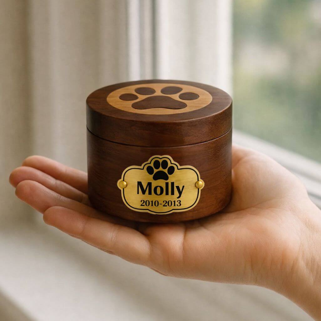 Personalised Wooden Pet Urn with Aluminium Plate – Dog Urn with Engraved Name & Dates