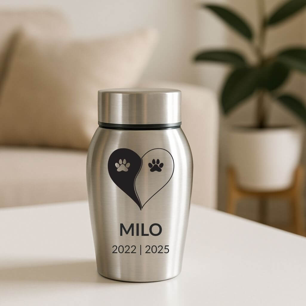 Personalised Pet Urn with Name, Dates & Yin Yang Paw Design  – Stainless Steel Dog Urn