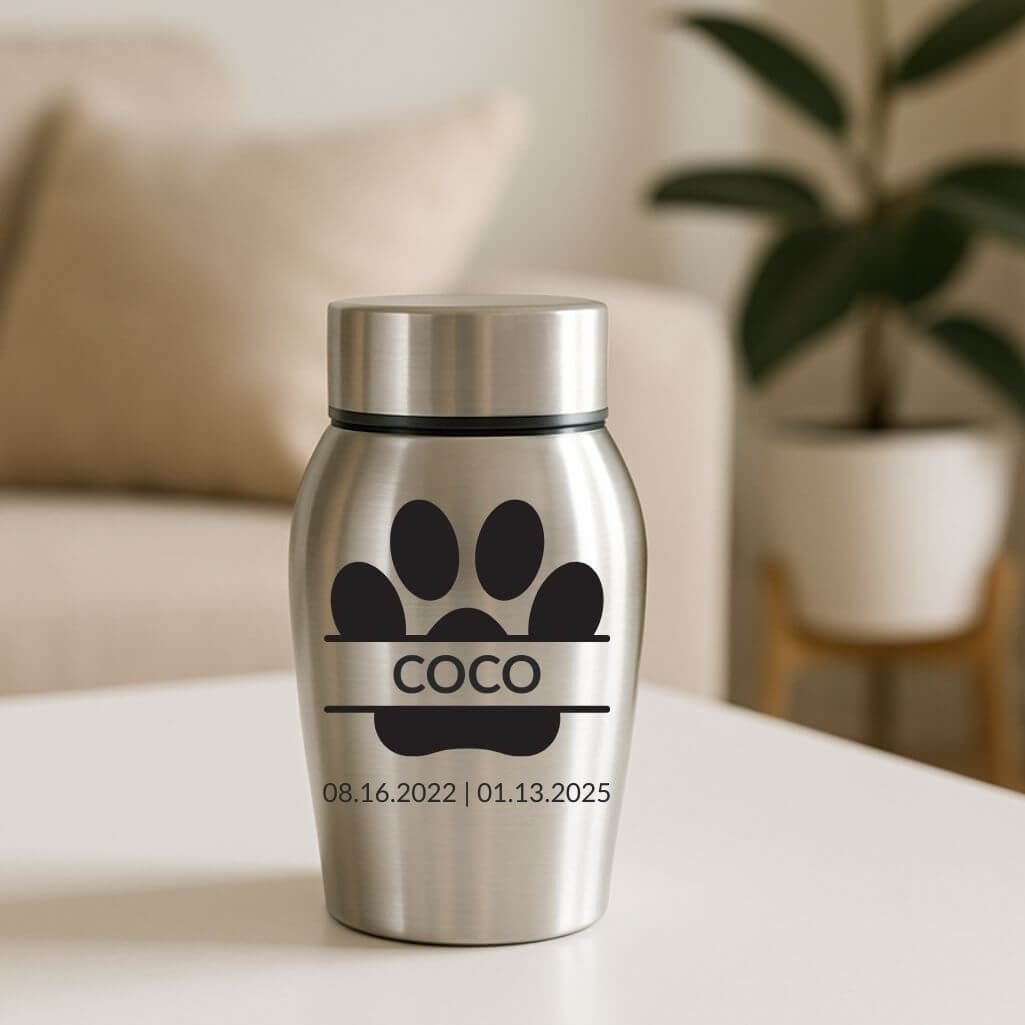 Personalised Pet Urn with Name & Dates in a Paw Print Design – Stainless Steel Dog Urn
