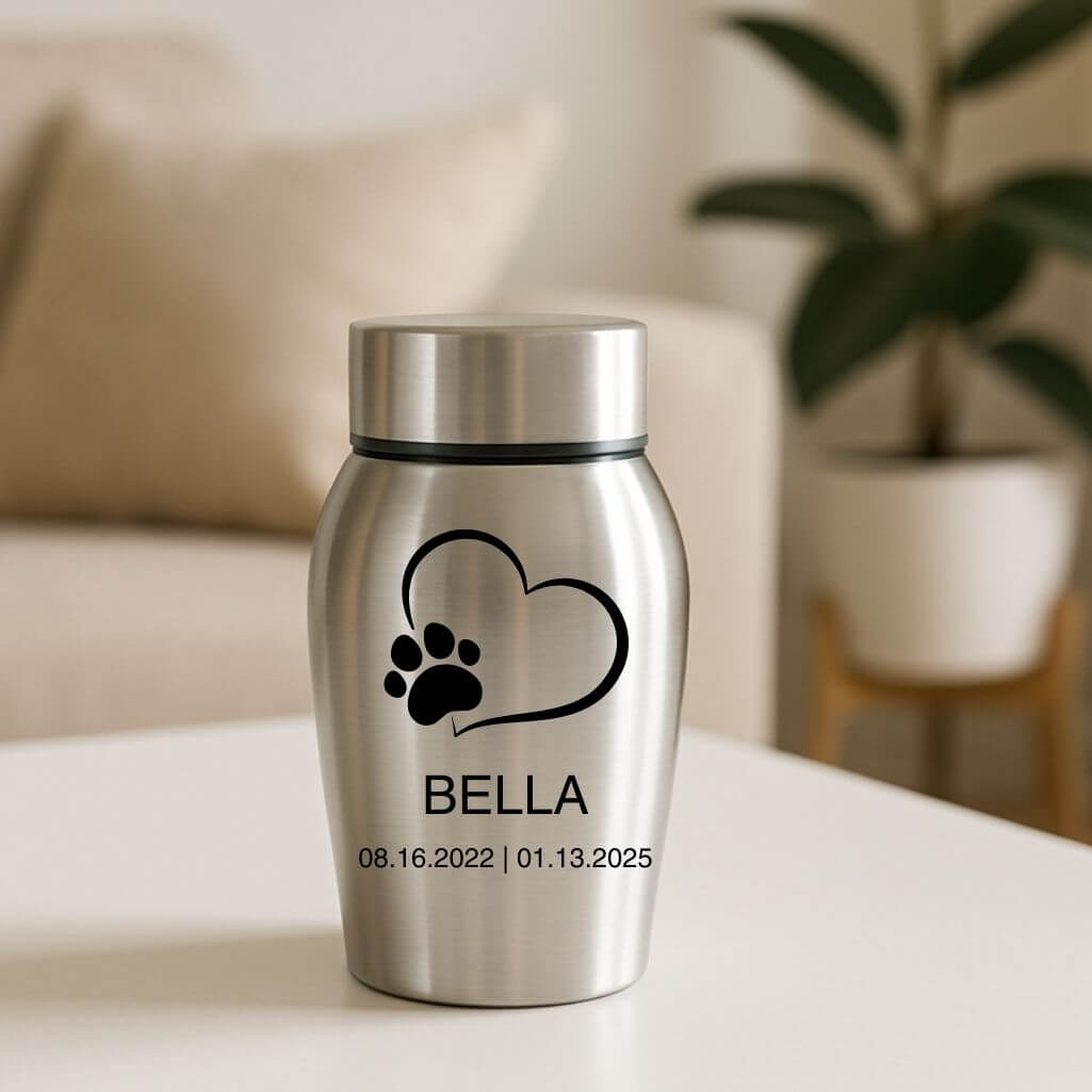 Personalised Pet Urn with Name, Dates & Special Tribute on the Lid – Stainless Steel Dog Urn