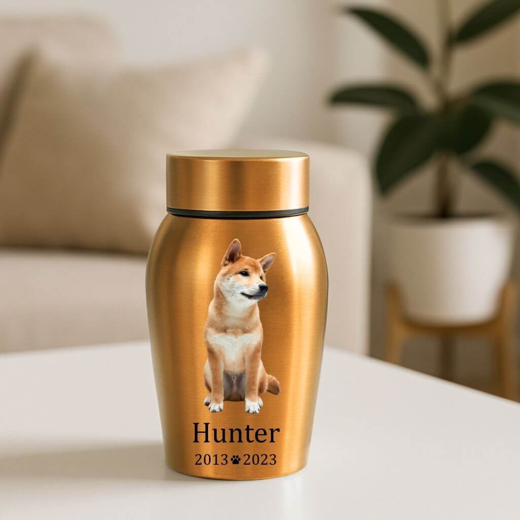 Personalised Pet Urn with Full Dog Portrait, Name & Dates – Stainless Steel Dog Urn