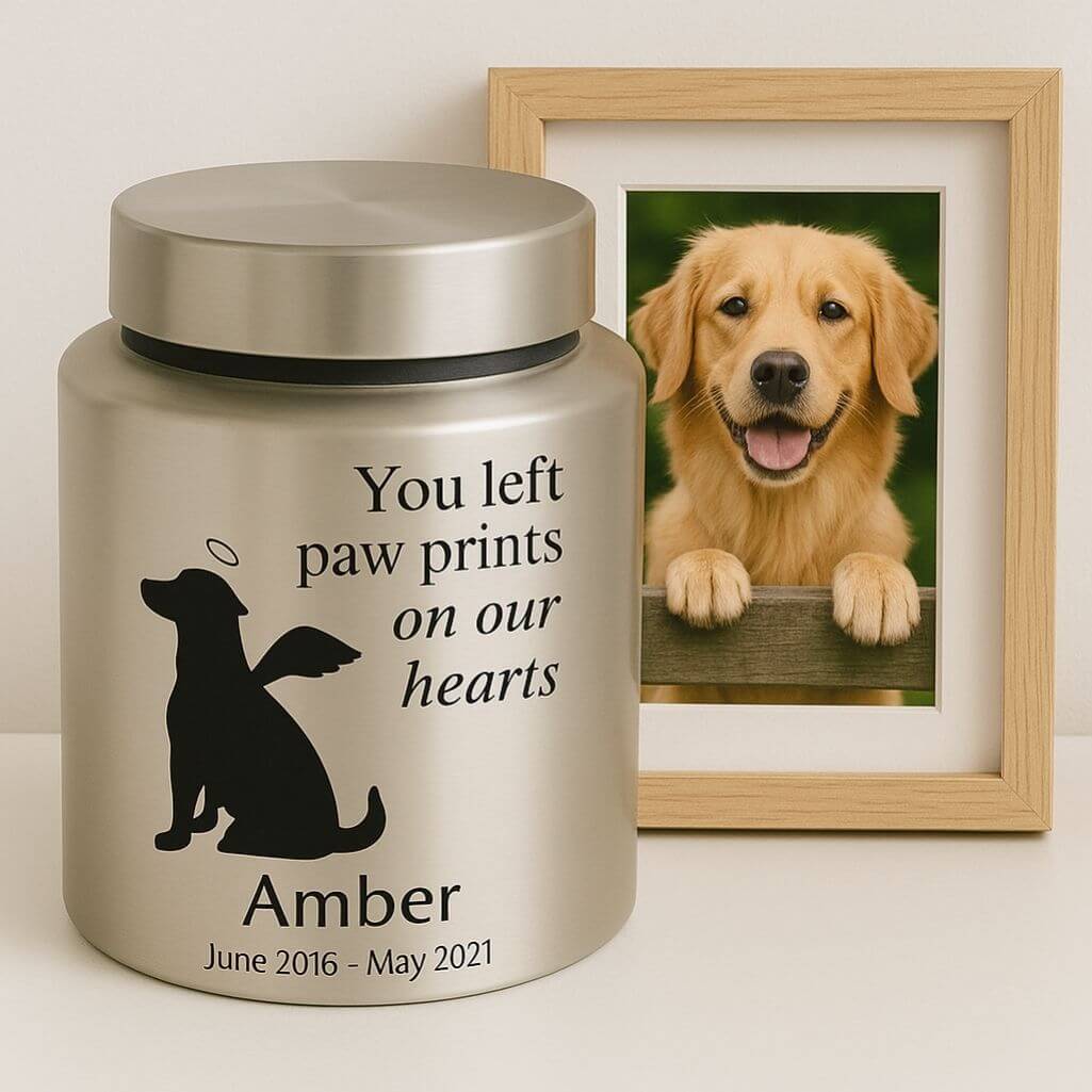 Personalised Pet Urn with Angel Pup Design, Name, Dates & Special Tribute – Stainless Steel Dog Urn