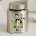 Personalised Pet Urn with Name, Dates & Photos in a Paw-shaped Frame – Cylinder Stainless Steel Dog Urn