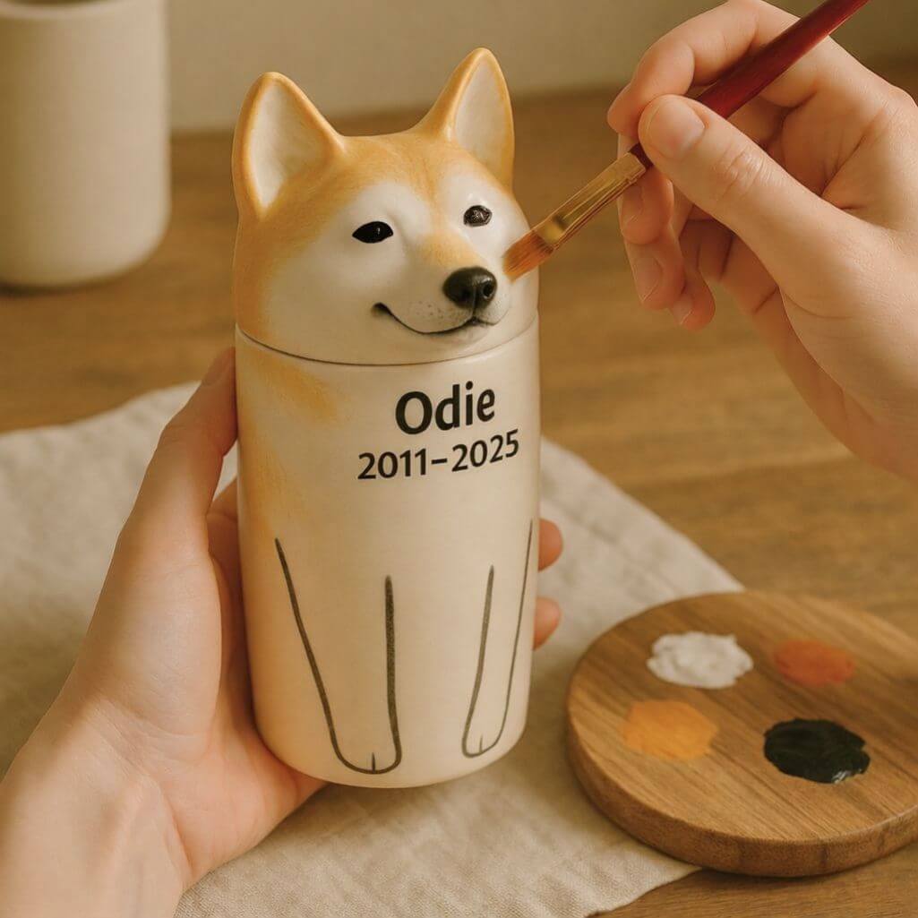 Personalised Handmade Ceramic Pet Urn by Breed – Custom Dog Urn with Painted Portrait & Open Eyes Design