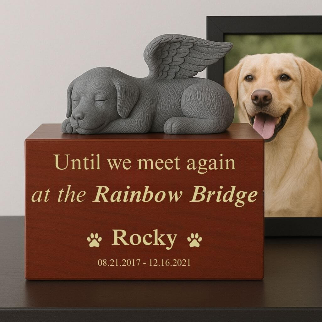Personalised Wooden Pet Urn Box with Angel Dog Statue – Cremation Urn for Ashes with Name, Dates & Tribute