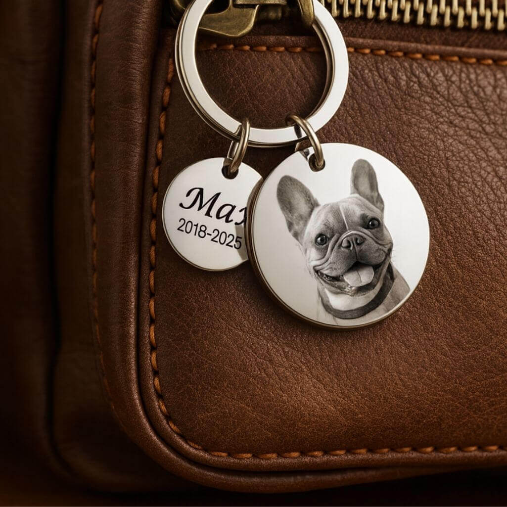 Personalised Pet Memorial 2-Charm Round Keyring - Engraved with Dog's Photo, Name & Dates