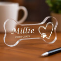 Personalised Pet Memorial Gift - Bone-Shaped Acrylic Plaque Engraved with Name, Dates & Heart Paw Design
