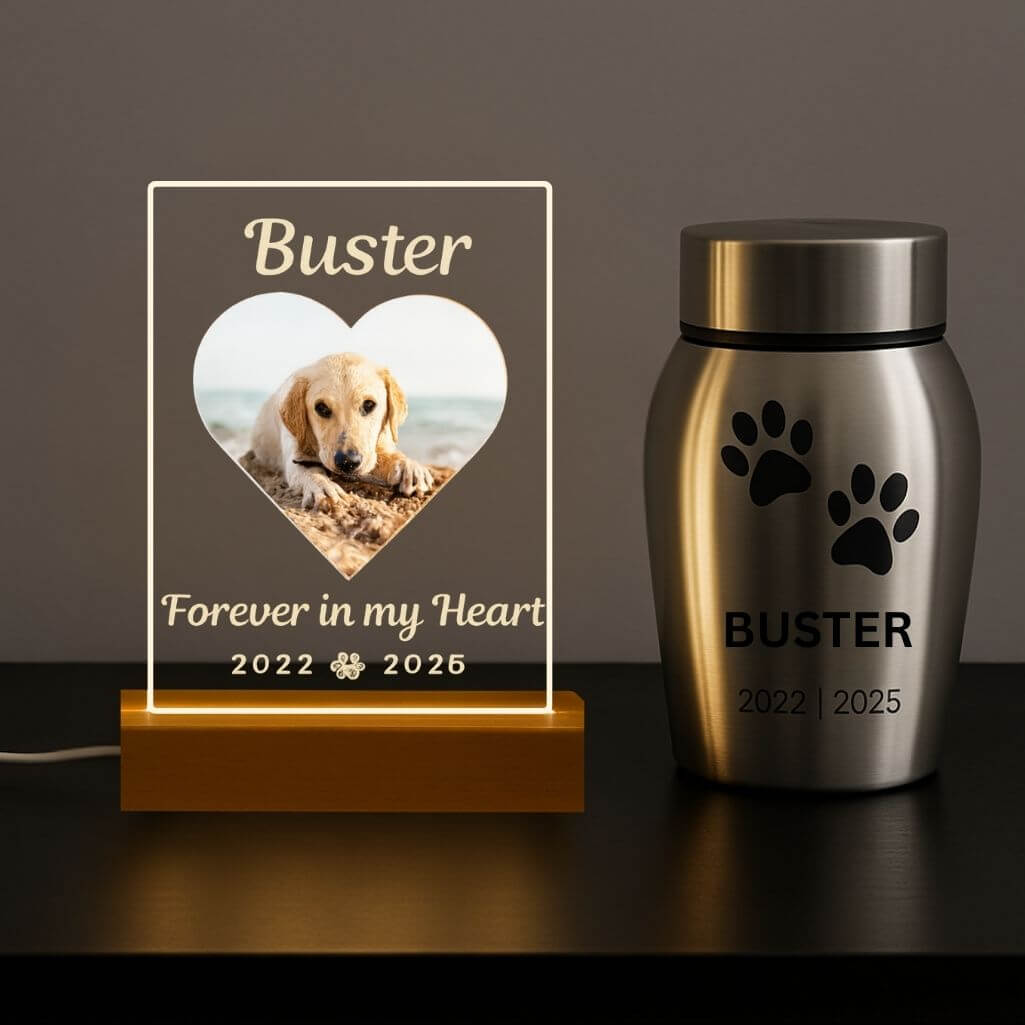 Personalised Pet Memorial LED Lamp with Photo – Rectangular Acrylic Plaque with Engraved Name & Dates