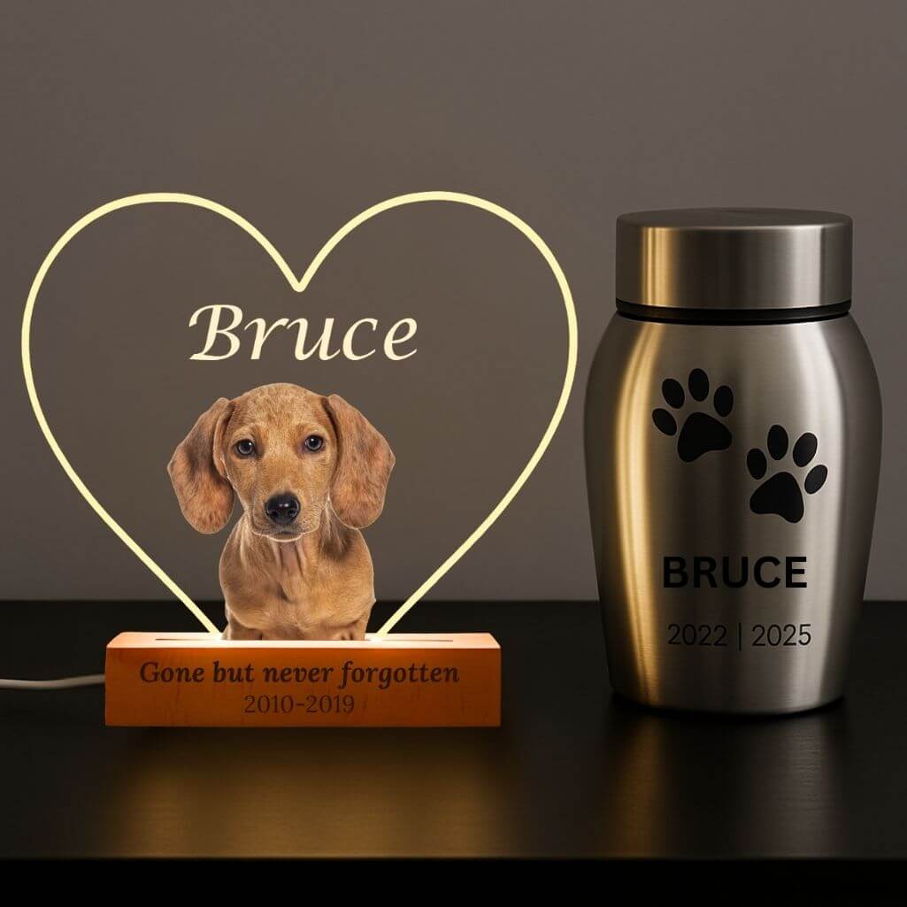 Personalised Pet Memorial LED Lamp with Photo – Heart-shaped Acrylic Plaque with Engraved Name & Dates