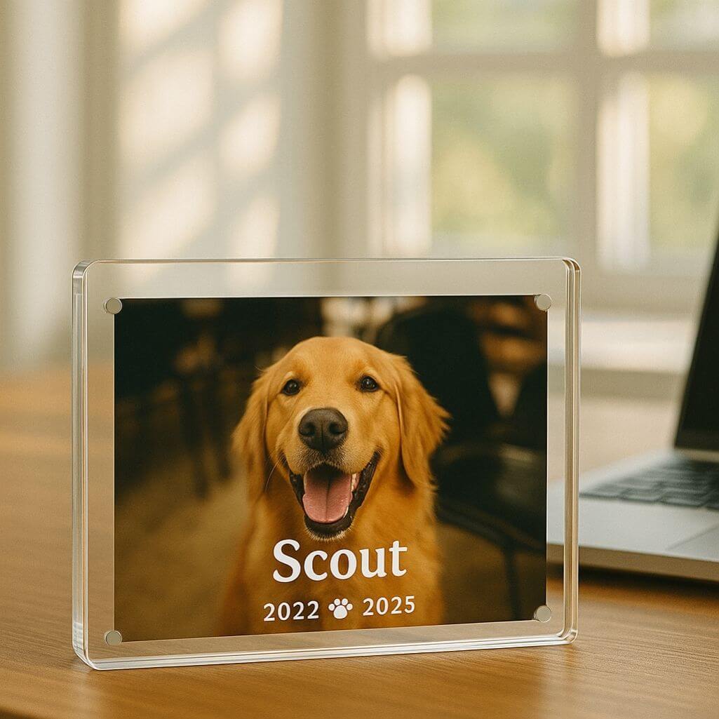 Personalised Rectangular Acrylic Pet Memorial Photo Frame – Engraved with Name & Dates