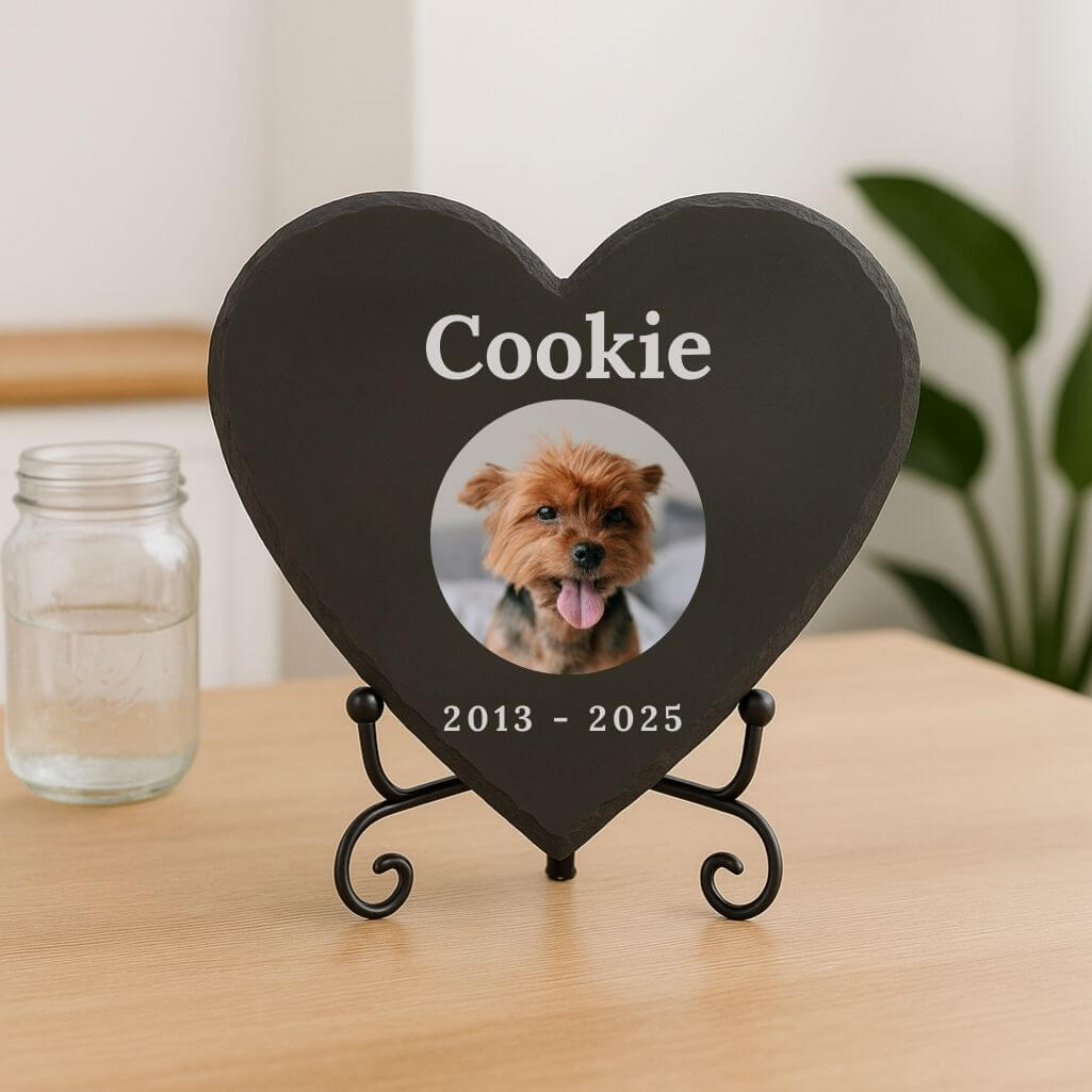 Personalised Heart Pet Memorial Stone – Slate Dog Plaque with Photo, Name & Dates
