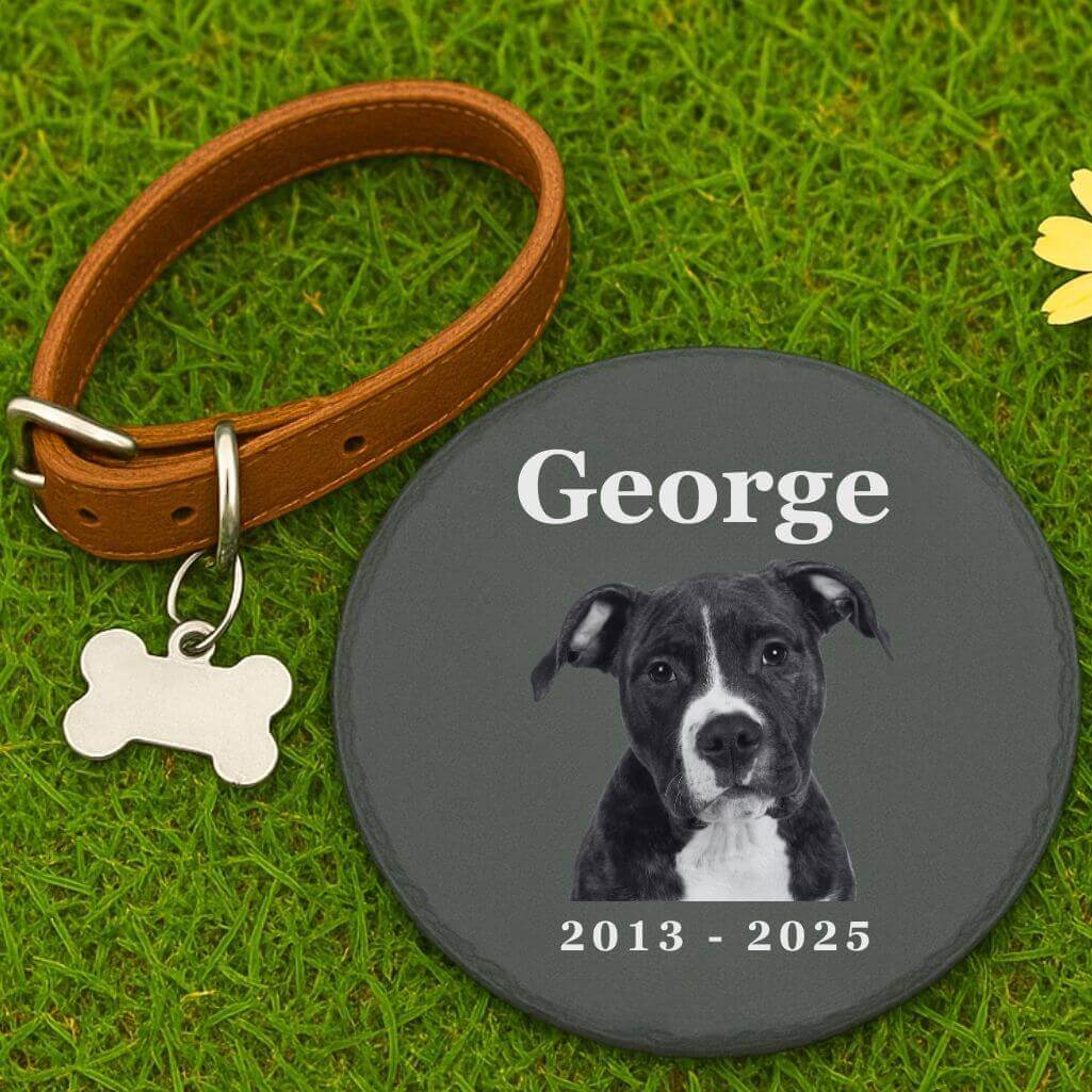 Personalised Round Pet Grave Marker with Photo – Slate Dog Memorial Garden Plaque with Name & Dates