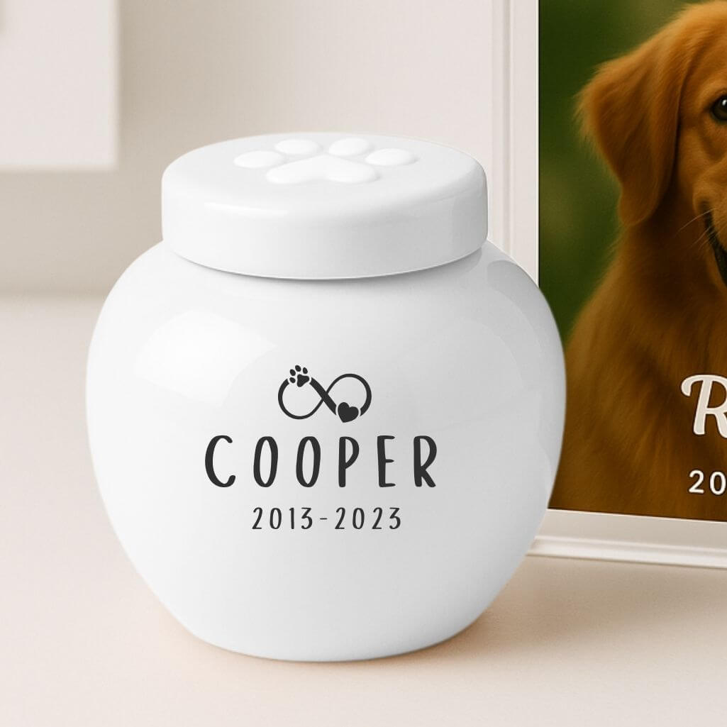 Personalised Ceramic Pet Urn – Dog Cremation Urn for Ashes with Name, Dates & Eternal Love Design
