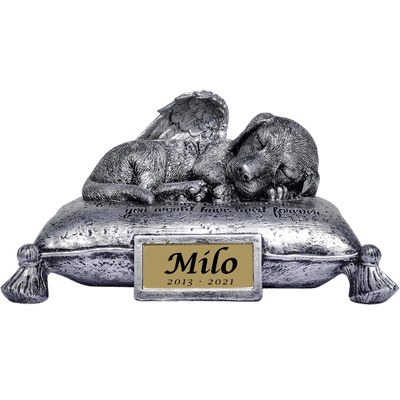 Sleeping Angel Dog Pet Memorial Urn with Elegant Cursive Name & Dates – Outdoor Resin Grave Marker for Garden Display