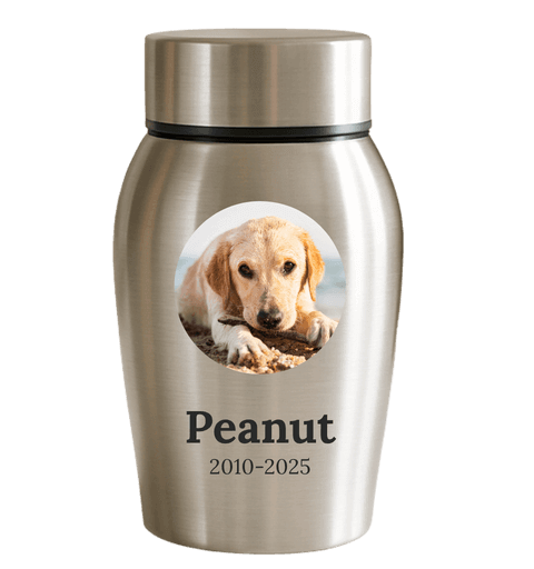 Personalised Pet Urn with Photo in a Halo Frame with Name & Dates – Stainless Steel Dog Urn